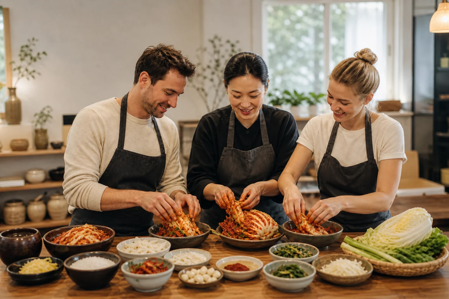 Travelers making Korean food together in a cooking class